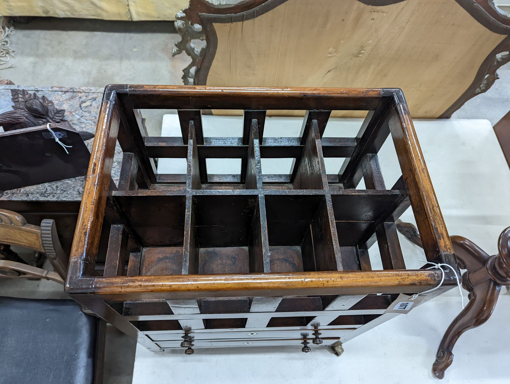 A George III mahogany bottle stand, fitted drawers, width 48cm, depth 33cm, height 62cm